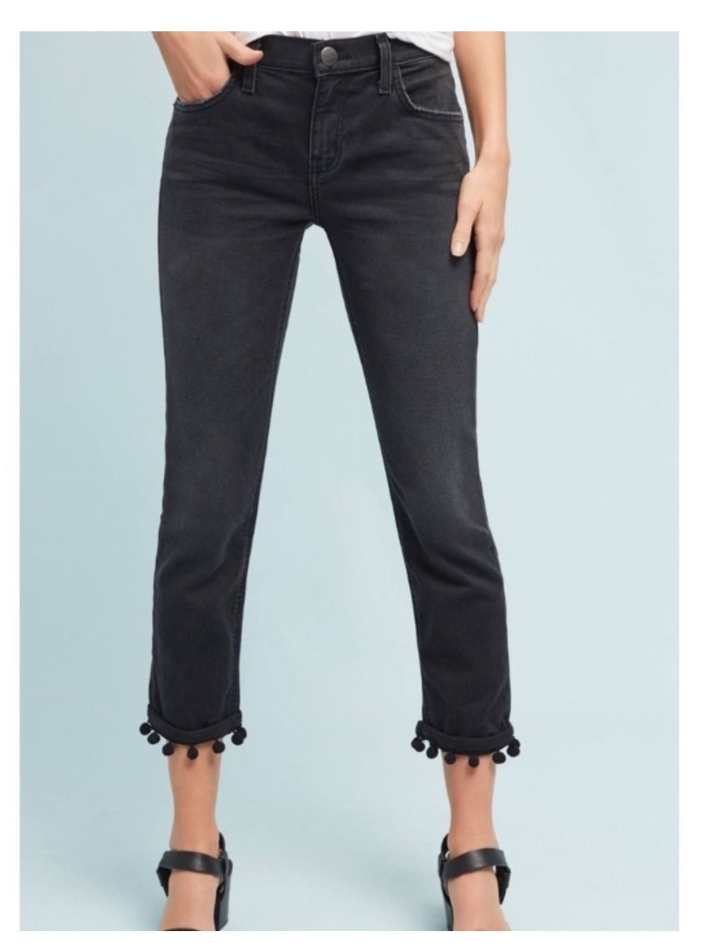 Current/Elliott Black Pom Pom Hem Straight Leg Ankle Crop Jeans Womenβs Size 26